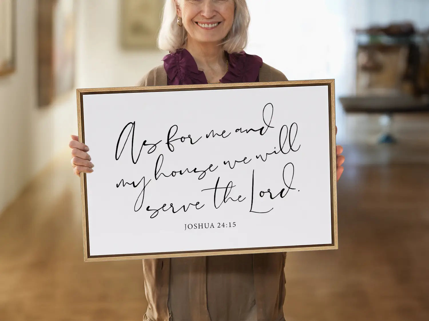 Declare your family's faith with this inspiring Christian canvas wall art. This framed canvas print features elegant, flowing calligraphy of the powerful promise from Joshua 24:15: "But as for me and my house, we will serve the Lord."
