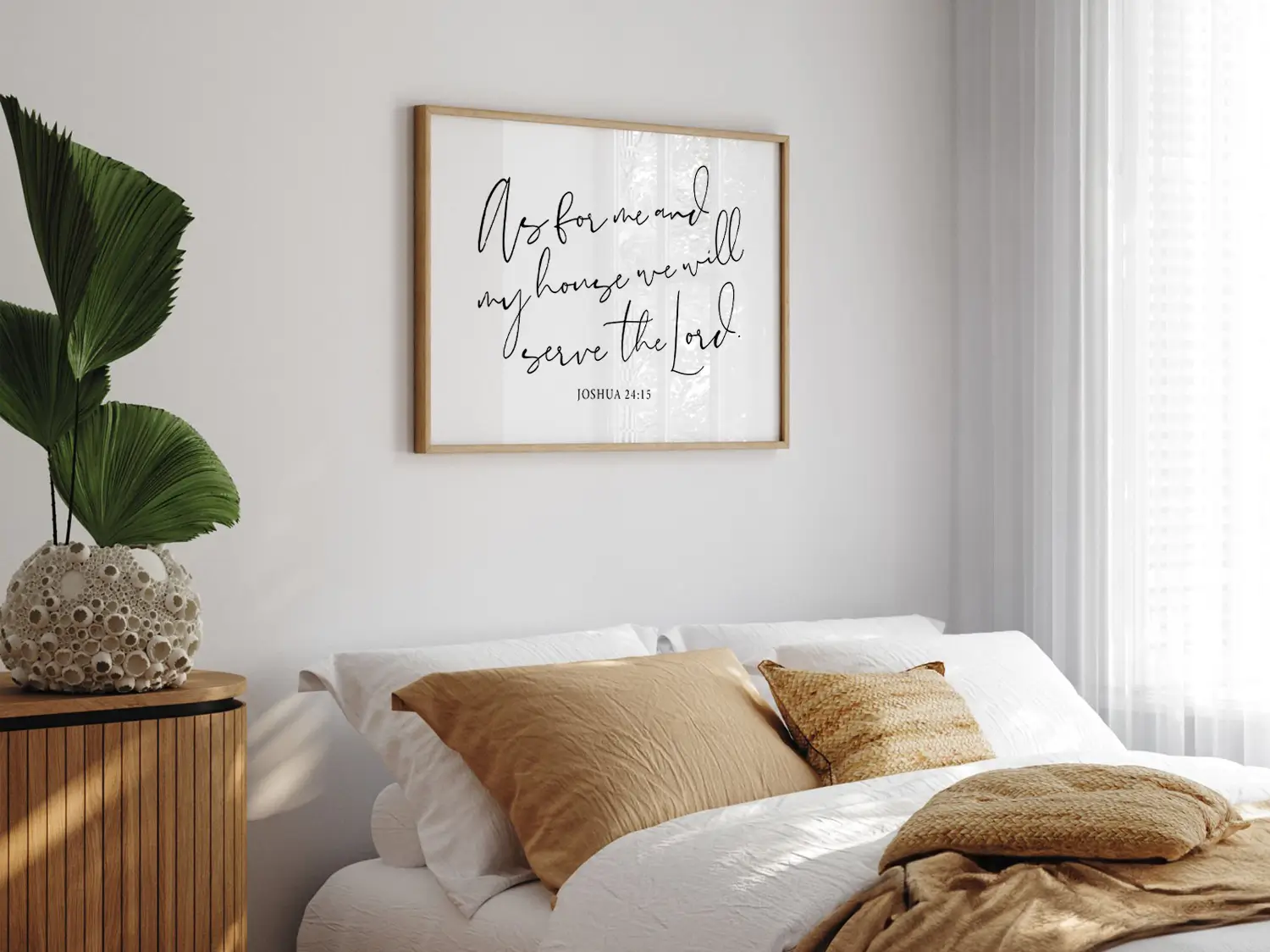 Declare your family's faith with this inspiring Christian canvas wall art. This framed canvas print features elegant, flowing calligraphy of the powerful promise from Joshua 24:15: "But as for me and my house, we will serve the Lord."