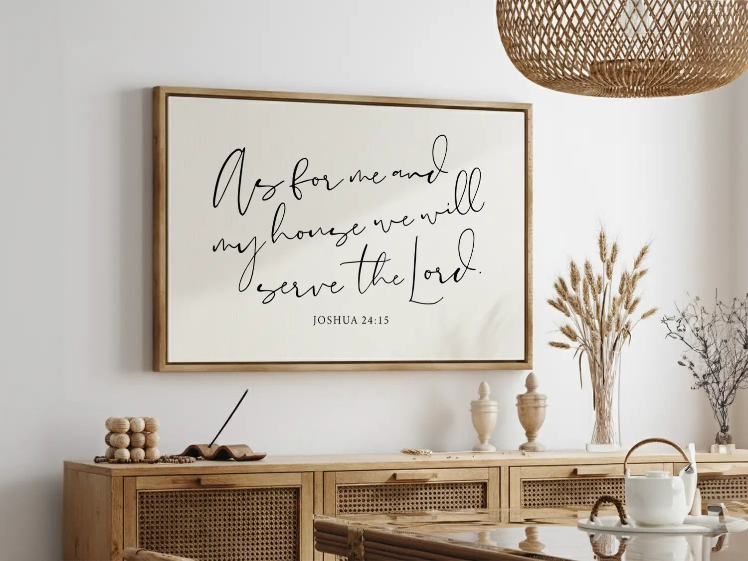 Declare your family's faith with this inspiring Christian canvas wall art. This framed canvas print features elegant, flowing calligraphy of the powerful promise from Joshua 24:15: "But as for me and my house, we will serve the Lord."
