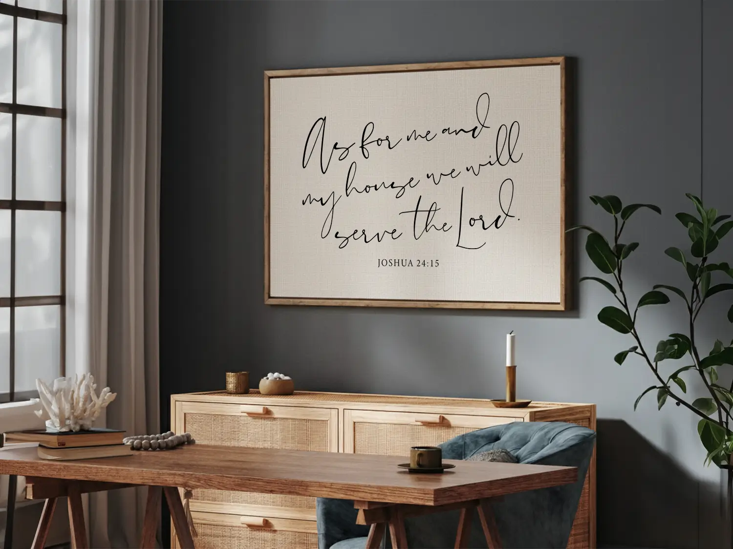 Declare your family's faith with this inspiring Christian canvas wall art. This framed canvas print features elegant, flowing calligraphy of the powerful promise from Joshua 24:15: "But as for me and my house, we will serve the Lord."