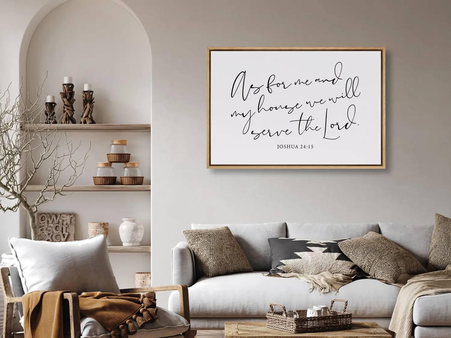 Declare your family's faith with this inspiring Christian canvas wall art. This framed canvas print features elegant, flowing calligraphy of the powerful promise from Joshua 24:15: "But as for me and my house, we will serve the Lord."