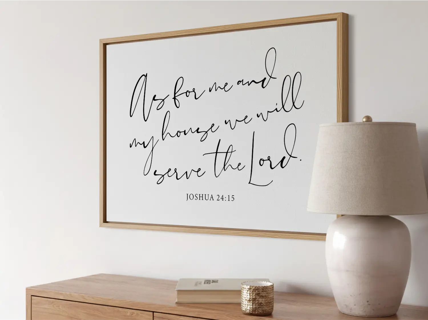 Declare your family's faith with this inspiring Christian canvas wall art. This framed canvas print features elegant, flowing calligraphy of the powerful promise from Joshua 24:15: "But as for me and my house, we will serve the Lord."