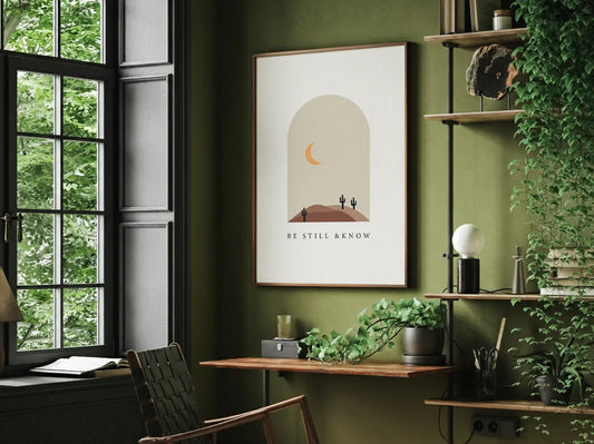 Find calm and faith in modern style with this inspiring Christian canvas wall art. This framed canvas print features a peaceful, minimalist desert landscape and the powerful, comforting command from Psalm 46:10 to Be Still & Know.