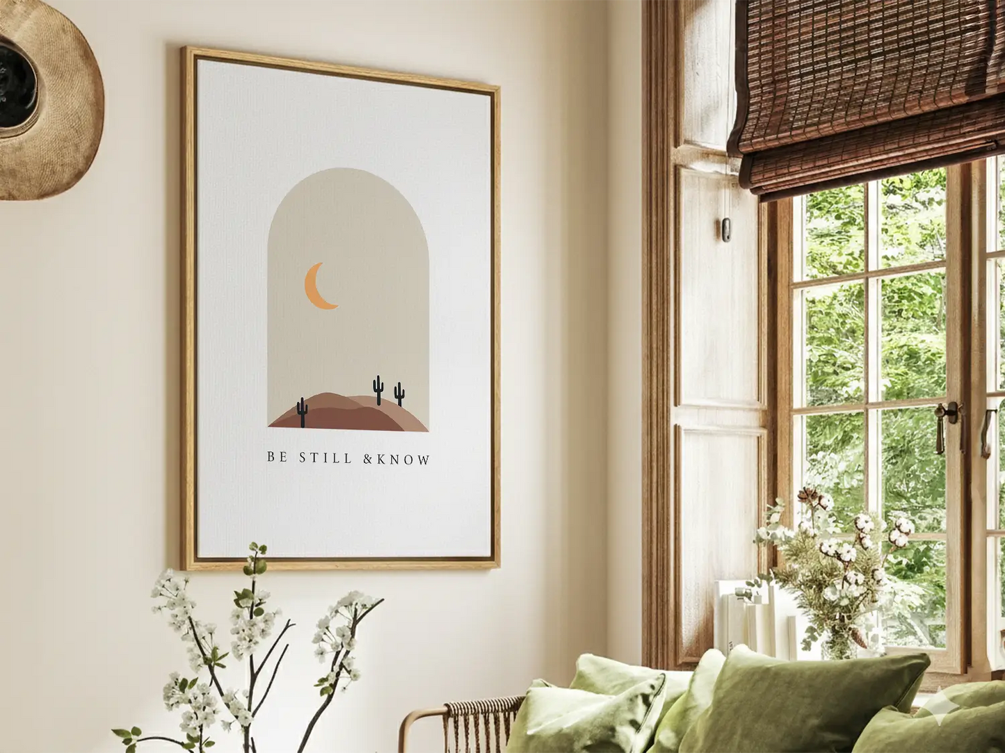 Find calm and faith in modern style with this inspiring Christian canvas wall art. This framed canvas print features a peaceful, minimalist desert landscape and the powerful, comforting command from Psalm 46:10 to Be Still & Know.