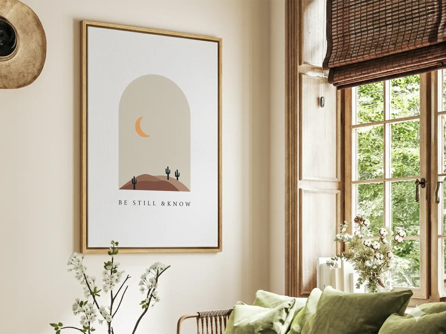 Find calm and faith in modern style with this inspiring Christian canvas wall art. This framed canvas print features a peaceful, minimalist desert landscape and the powerful, comforting command from Psalm 46:10 to Be Still & Know.