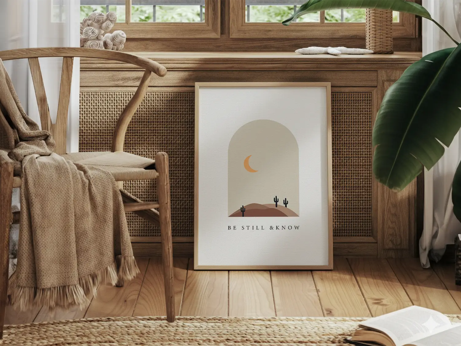 Find calm and faith in modern style with this inspiring Christian canvas wall art. This framed canvas print features a peaceful, minimalist desert landscape and the powerful, comforting command from Psalm 46:10 to Be Still & Know.