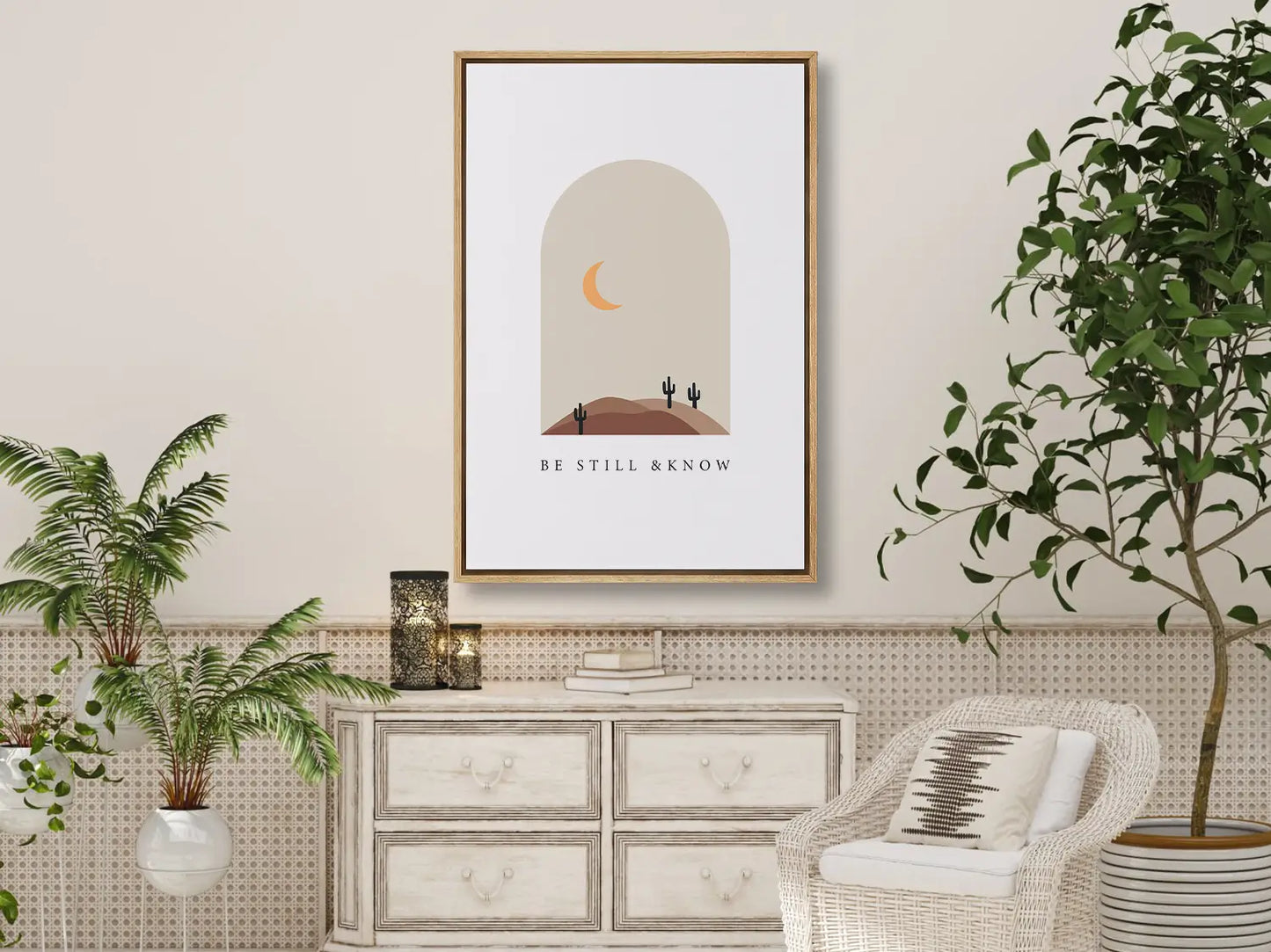 Find calm and faith in modern style with this inspiring Christian canvas wall art. This framed canvas print features a peaceful, minimalist desert landscape and the powerful, comforting command from Psalm 46:10 to Be Still & Know.