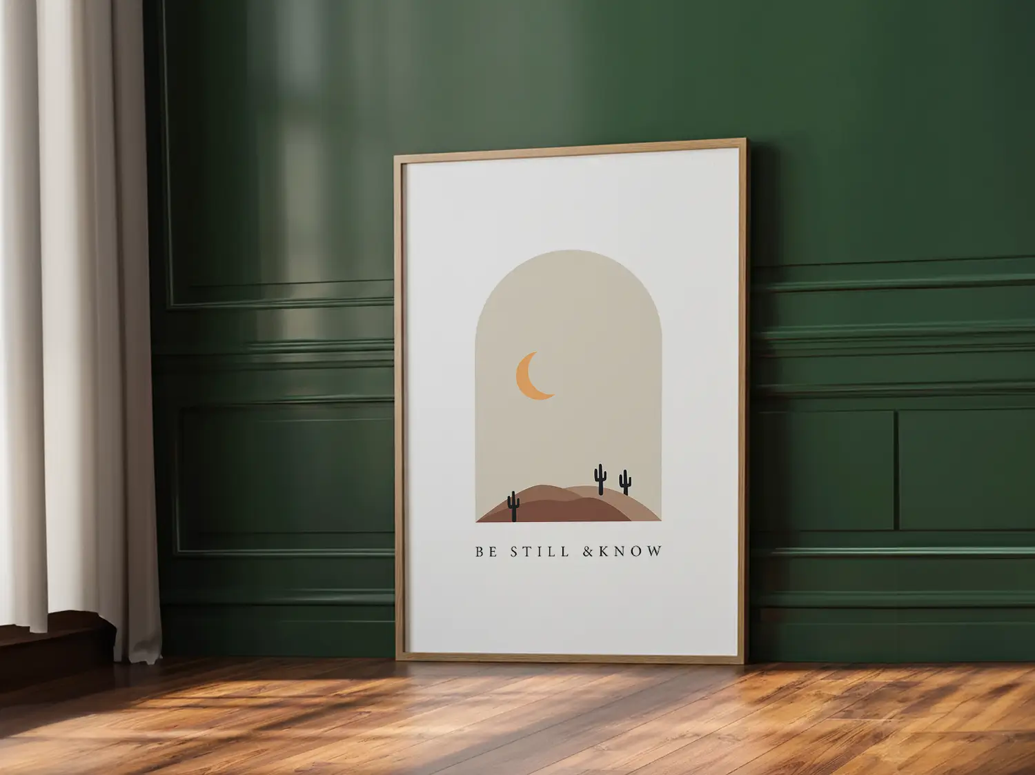 Find calm and faith in modern style with this inspiring Christian canvas wall art. This framed canvas print features a peaceful, minimalist desert landscape and the powerful, comforting command from Psalm 46:10 to Be Still & Know.