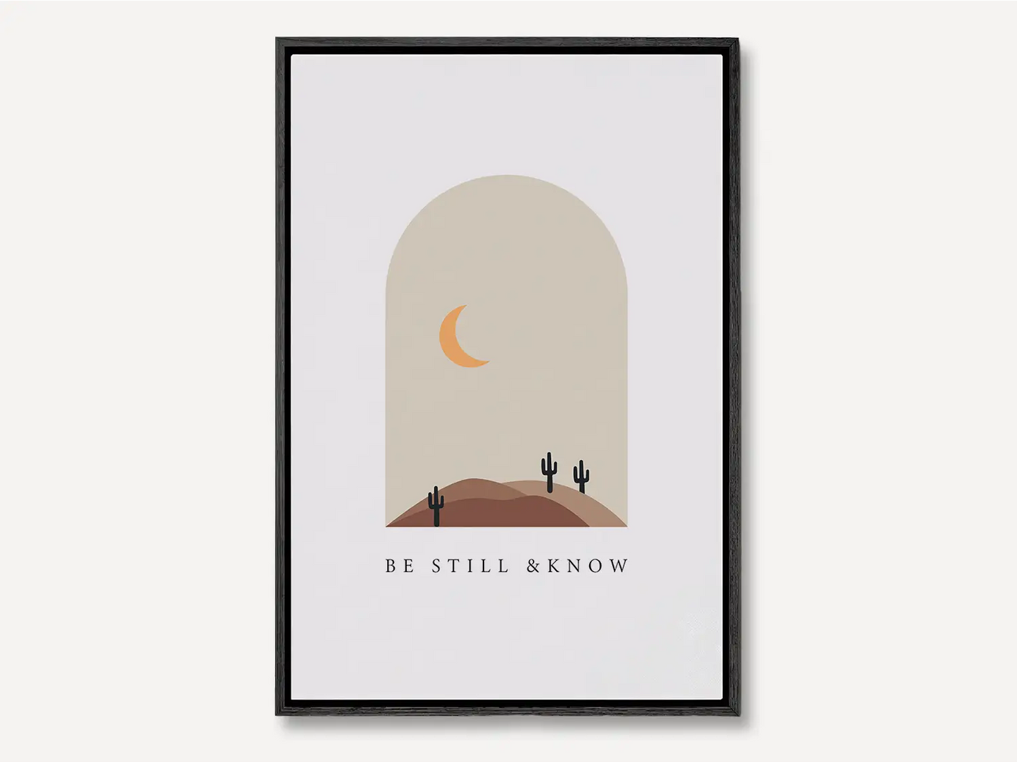 Find calm and faith in modern style with this inspiring Christian canvas wall art. This framed canvas print features a peaceful, minimalist desert landscape and the powerful, comforting command from Psalm 46:10 to Be Still & Know.