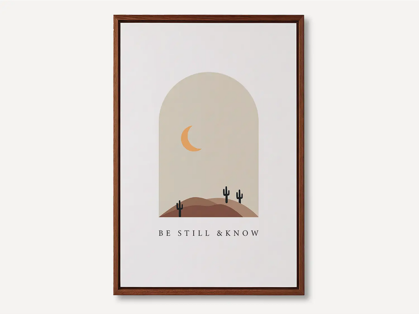 Find calm and faith in modern style with this inspiring Christian canvas wall art. This framed canvas print features a peaceful, minimalist desert landscape and the powerful, comforting command from Psalm 46:10 to Be Still & Know.