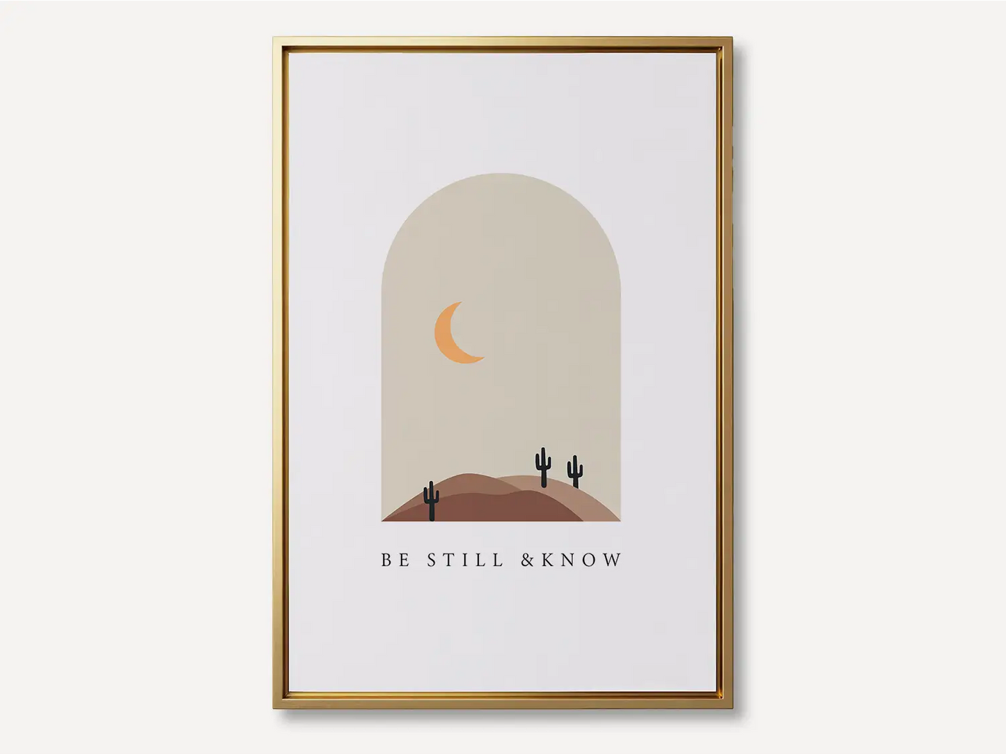 Find calm and faith in modern style with this inspiring Christian canvas wall art. This framed canvas print features a peaceful, minimalist desert landscape and the powerful, comforting command from Psalm 46:10 to Be Still & Know.