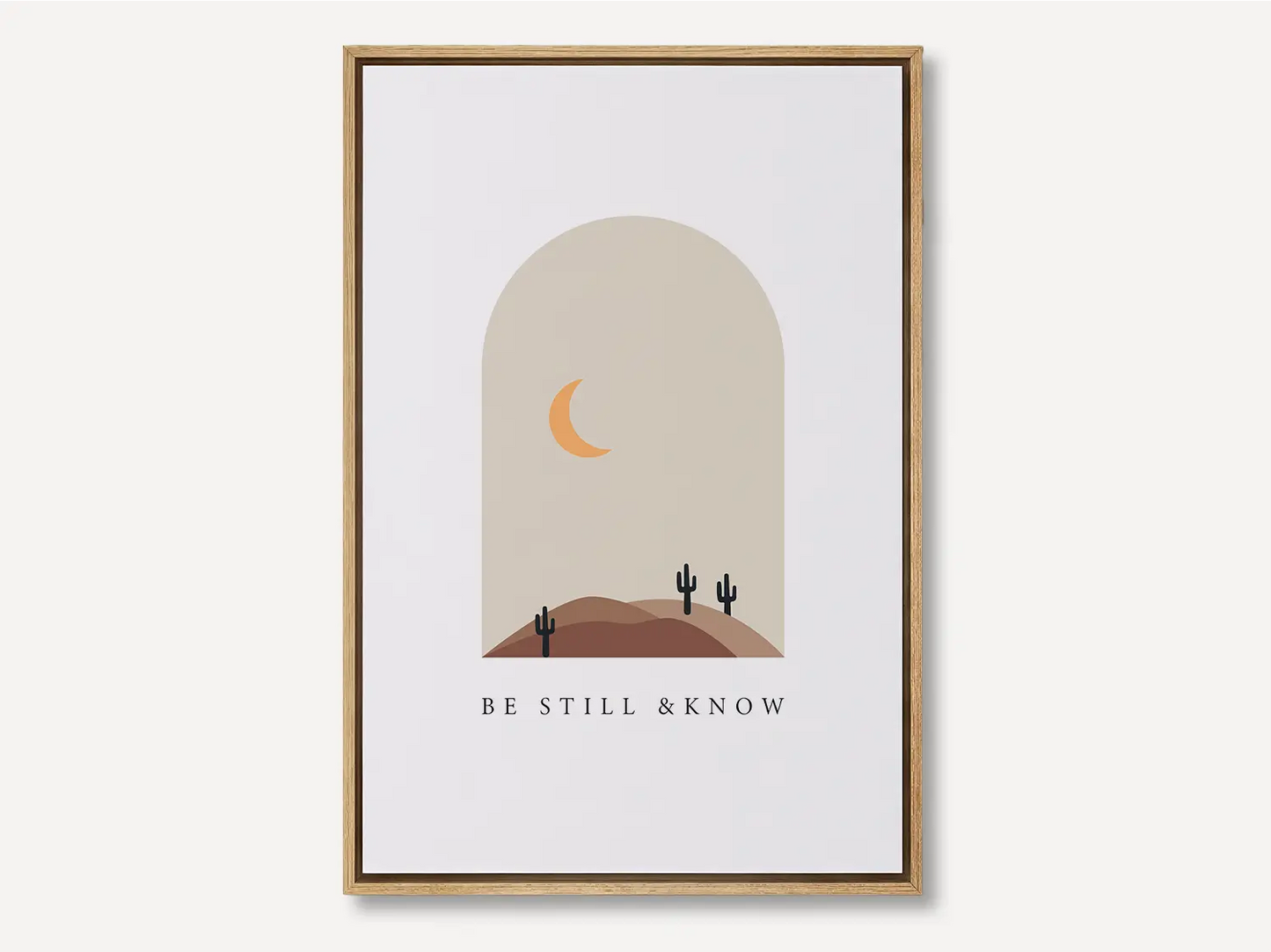 Find calm and faith in modern style with this inspiring Christian canvas wall art. This framed canvas print features a peaceful, minimalist desert landscape and the powerful, comforting command from Psalm 46:10 to Be Still & Know.