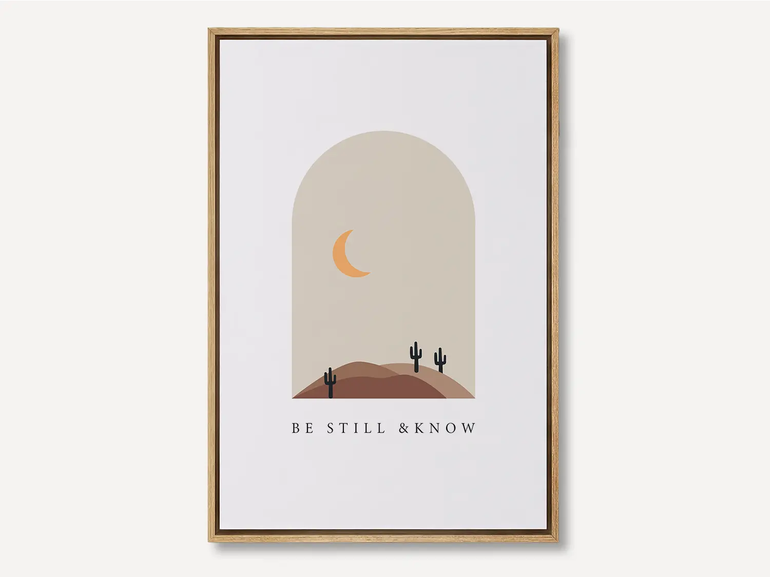 Find calm and faith in modern style with this inspiring Christian canvas wall art. This framed canvas print features a peaceful, minimalist desert landscape and the powerful, comforting command from Psalm 46:10 to Be Still & Know.