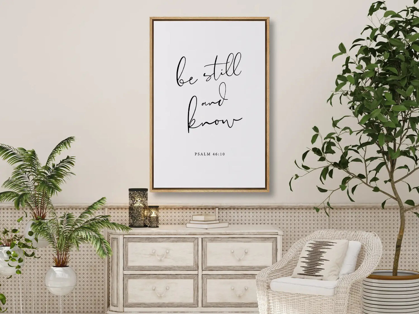 Create a space for calm and reflection with this inspiring Christian canvas wall art. This framed canvas print features elegant calligraphy of the powerful, comforting command from Psalm 46:10 to Be Still and Know.
