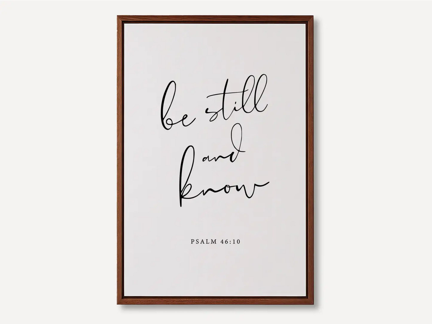 Create a space for calm and reflection with this inspiring Christian canvas wall art. This framed canvas print features elegant calligraphy of the powerful, comforting command from Psalm 46:10 to Be Still and Know.