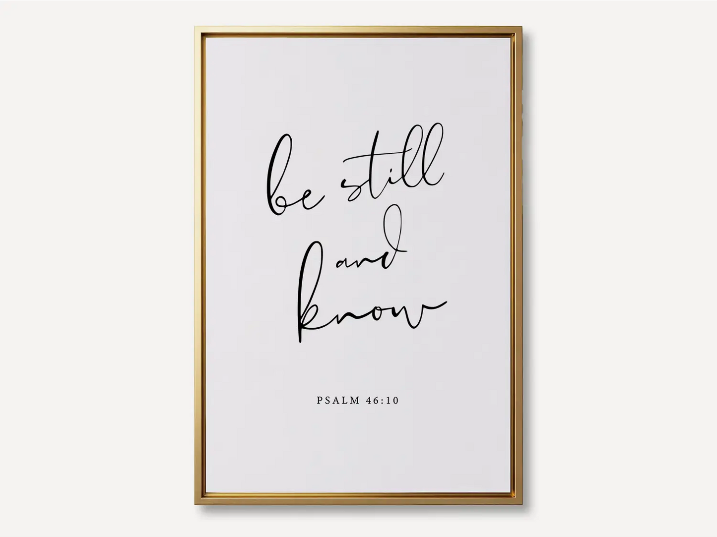Create a space for calm and reflection with this inspiring Christian canvas wall art. This framed canvas print features elegant calligraphy of the powerful, comforting command from Psalm 46:10 to Be Still and Know.