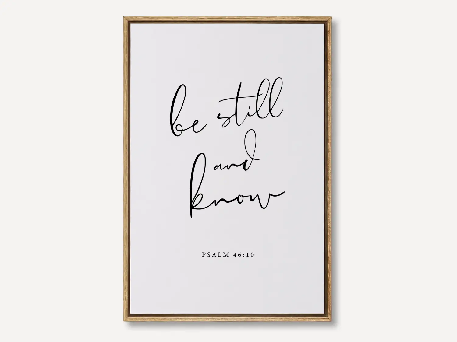 Create a space for calm and reflection with this inspiring Christian canvas wall art. This framed canvas print features elegant calligraphy of the powerful, comforting command from Psalm 46:10 to Be Still and Know.