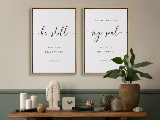 Create a space for calm and reflection with this inspiring Christian wall art set. This collection of two framed scripture prints features elegant calligraphy and the powerful, comforting command from Psalm 46:10 to Be Still and Know That I Am God.