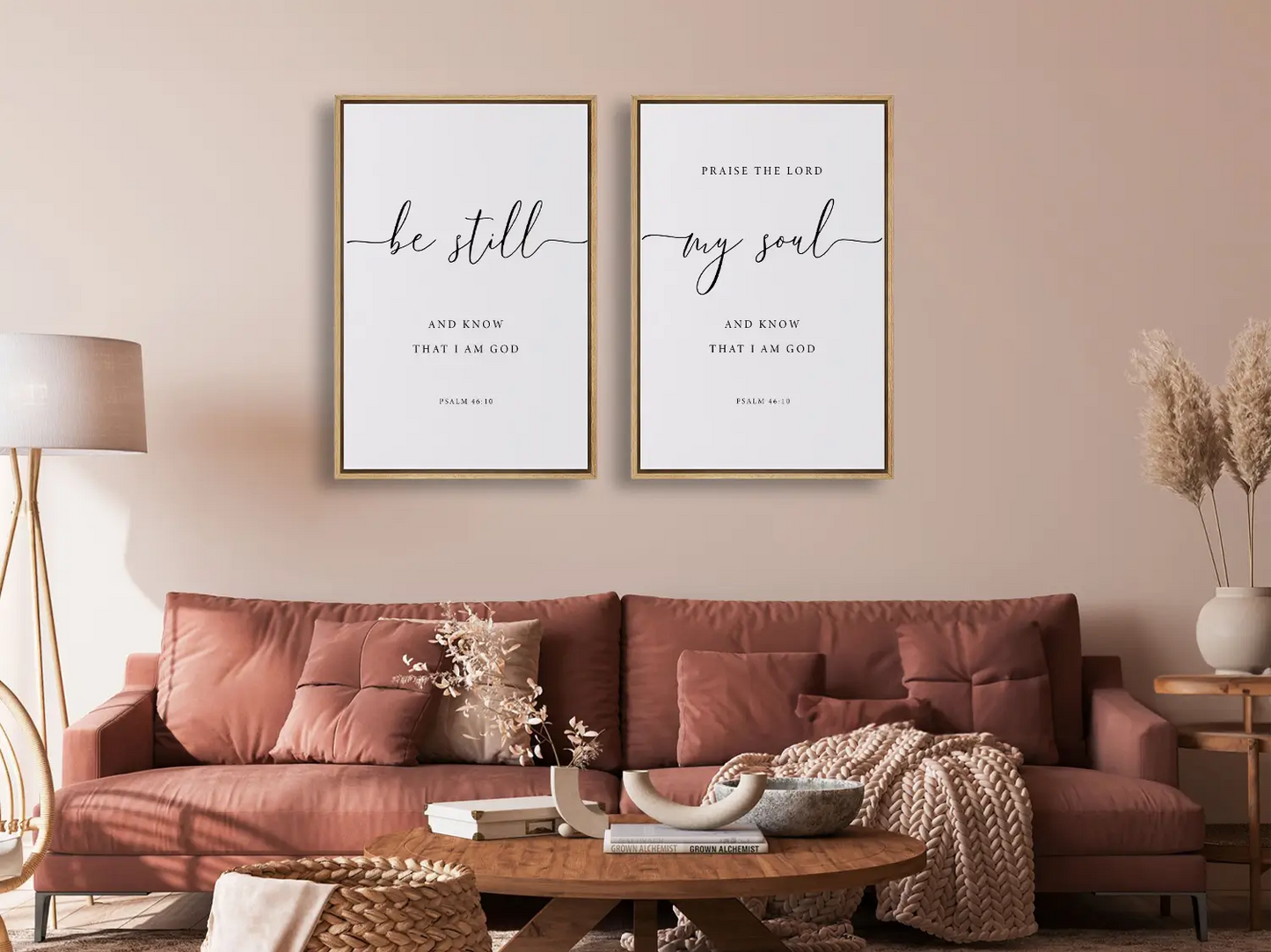 Create a space for calm and reflection with this inspiring Christian wall art set. This collection of two framed scripture prints features elegant calligraphy and the powerful, comforting command from Psalm 46:10 to Be Still and Know That I Am God.