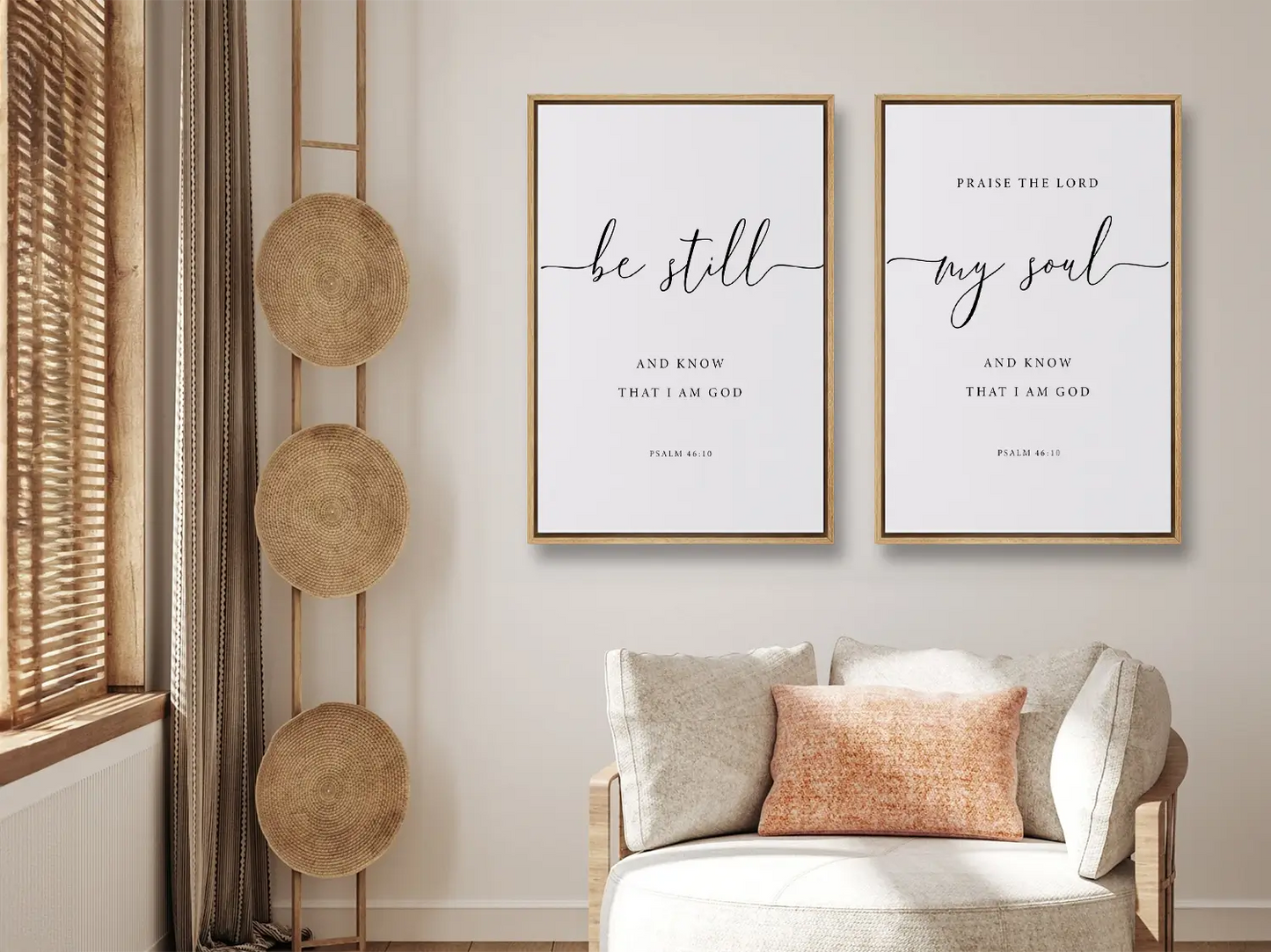 Create a space for calm and reflection with this inspiring Christian wall art set. This collection of two framed scripture prints features elegant calligraphy and the powerful, comforting command from Psalm 46:10 to Be Still and Know That I Am God.