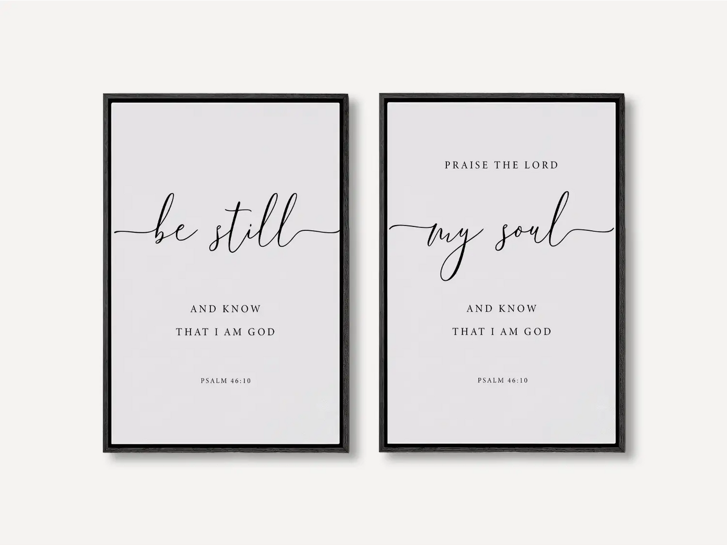 Create a space for calm and reflection with this inspiring Christian wall art set. This collection of two framed scripture prints features elegant calligraphy and the powerful, comforting command from Psalm 46:10 to Be Still and Know That I Am God.