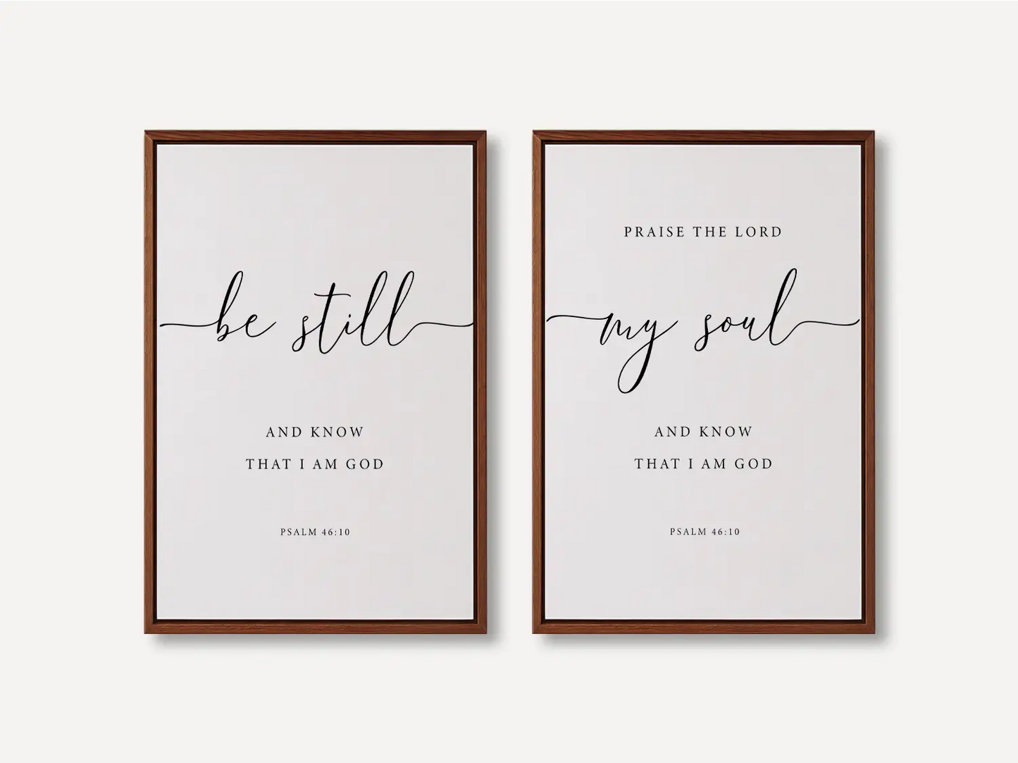 Create a space for calm and reflection with this inspiring Christian wall art set. This collection of two framed scripture prints features elegant calligraphy and the powerful, comforting command from Psalm 46:10 to Be Still and Know That I Am God.