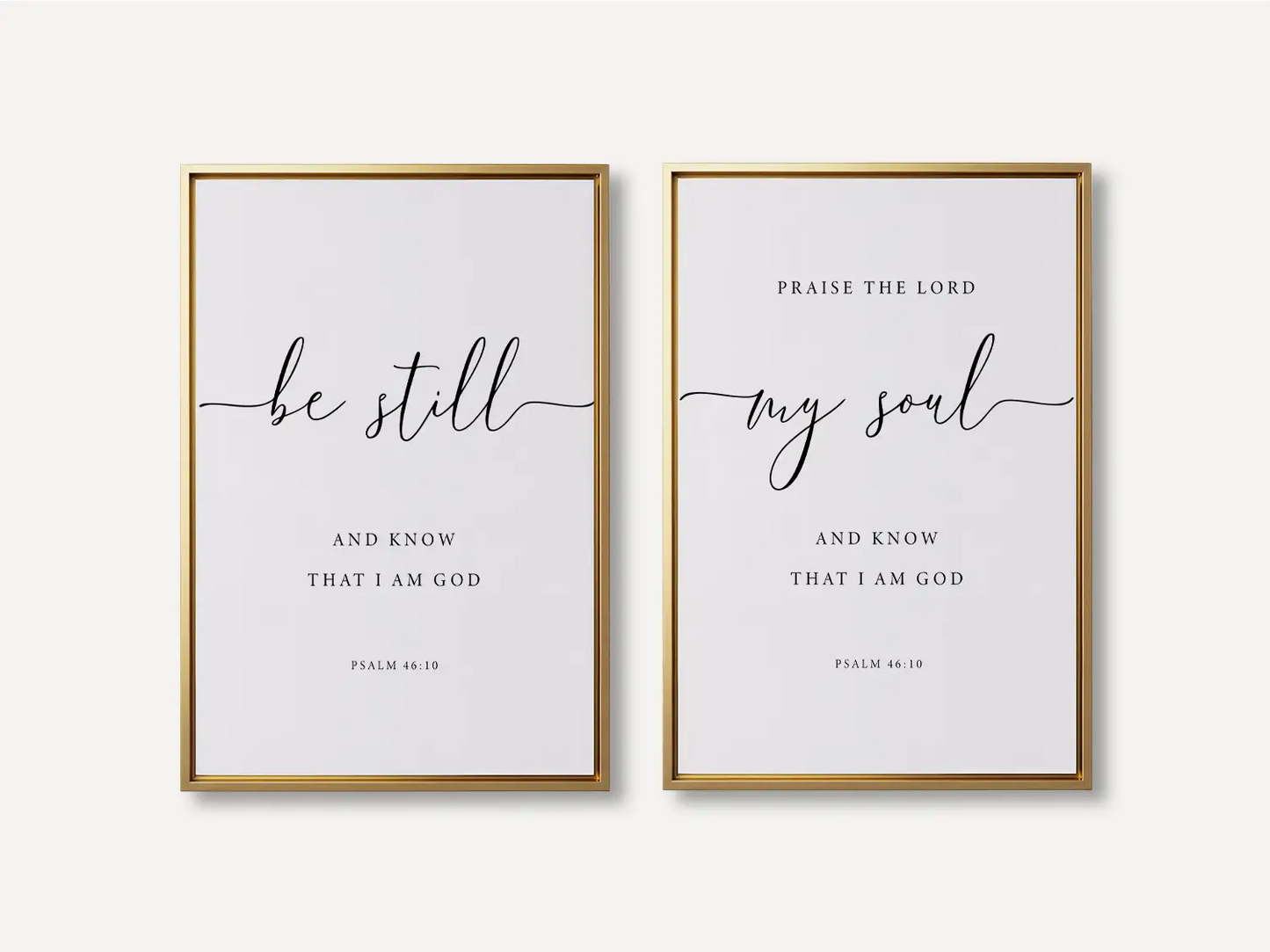 Create a space for calm and reflection with this inspiring Christian wall art set. This collection of two framed scripture prints features elegant calligraphy and the powerful, comforting command from Psalm 46:10 to Be Still and Know That I Am God.