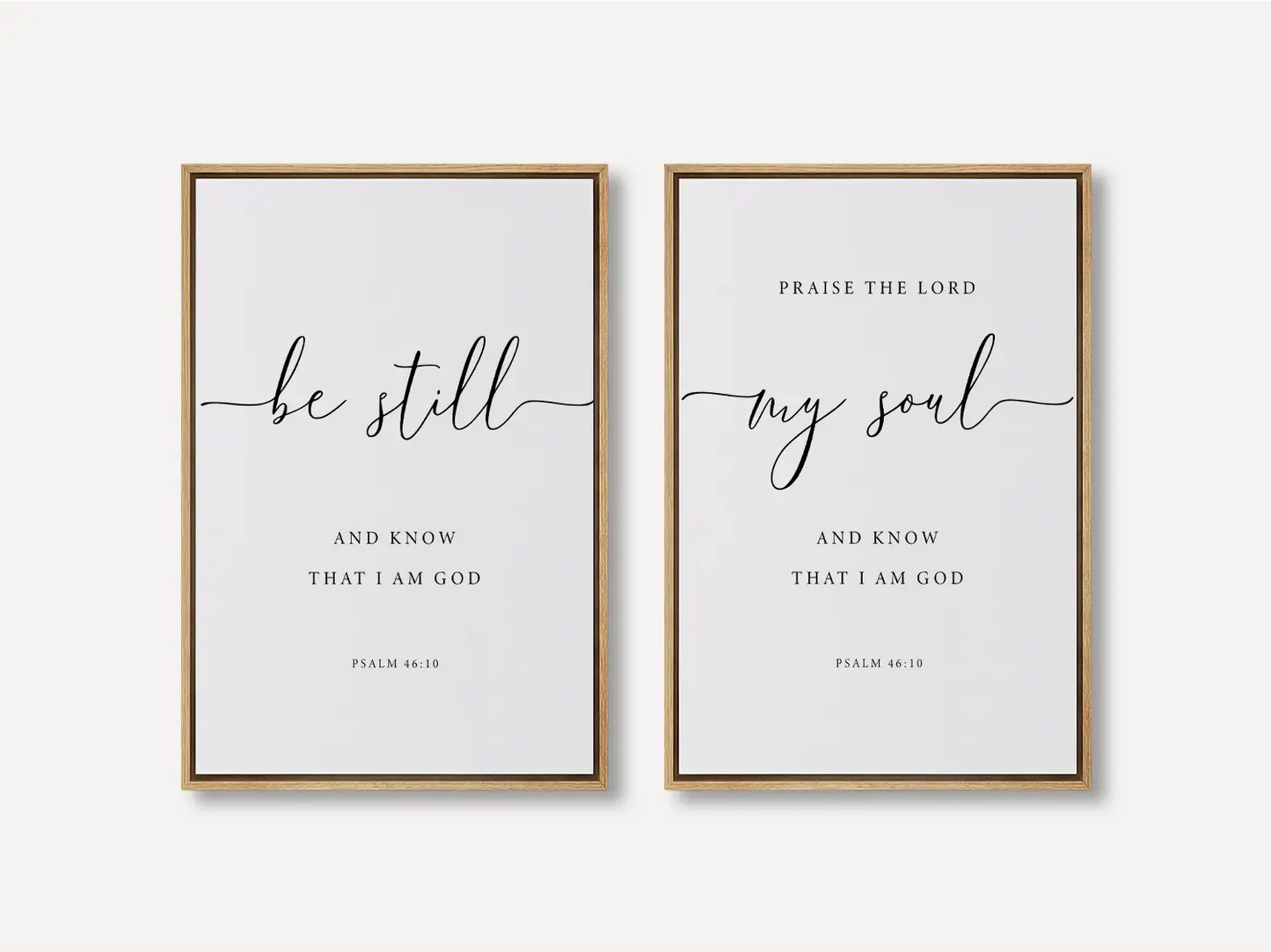 Create a space for calm and reflection with this inspiring Christian wall art set. This collection of two framed scripture prints features elegant calligraphy and the powerful, comforting command from Psalm 46:10 to Be Still and Know That I Am God.