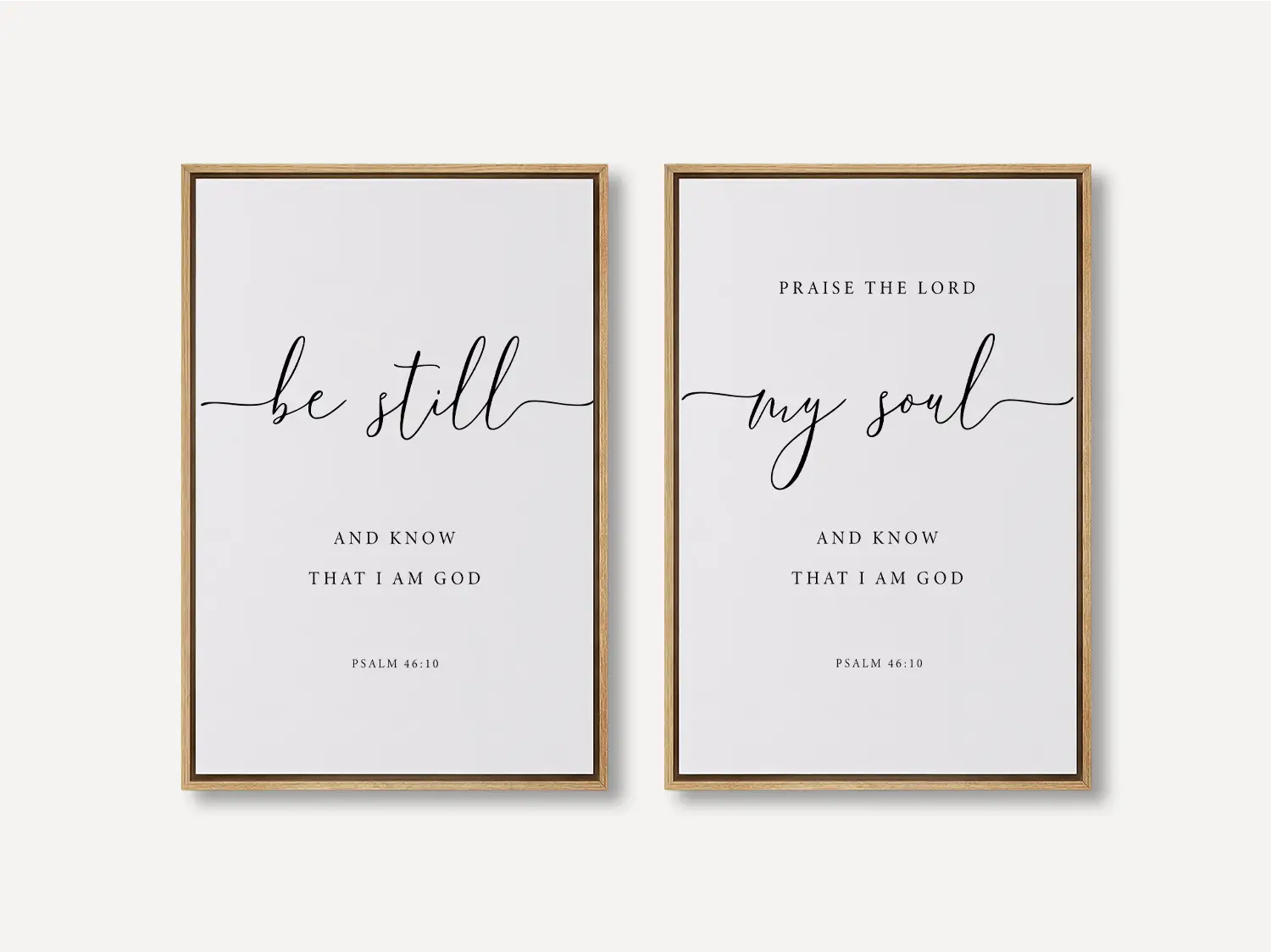 Create a space for calm and reflection with this inspiring Christian wall art set. This collection of two framed scripture prints features elegant calligraphy and the powerful, comforting command from Psalm 46:10 to Be Still and Know That I Am God.