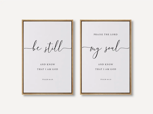 Create a space for calm and reflection with this inspiring Christian wall art set. This collection of two framed scripture prints features elegant calligraphy and the powerful, comforting command from Psalm 46:10 to Be Still and Know That I Am God.