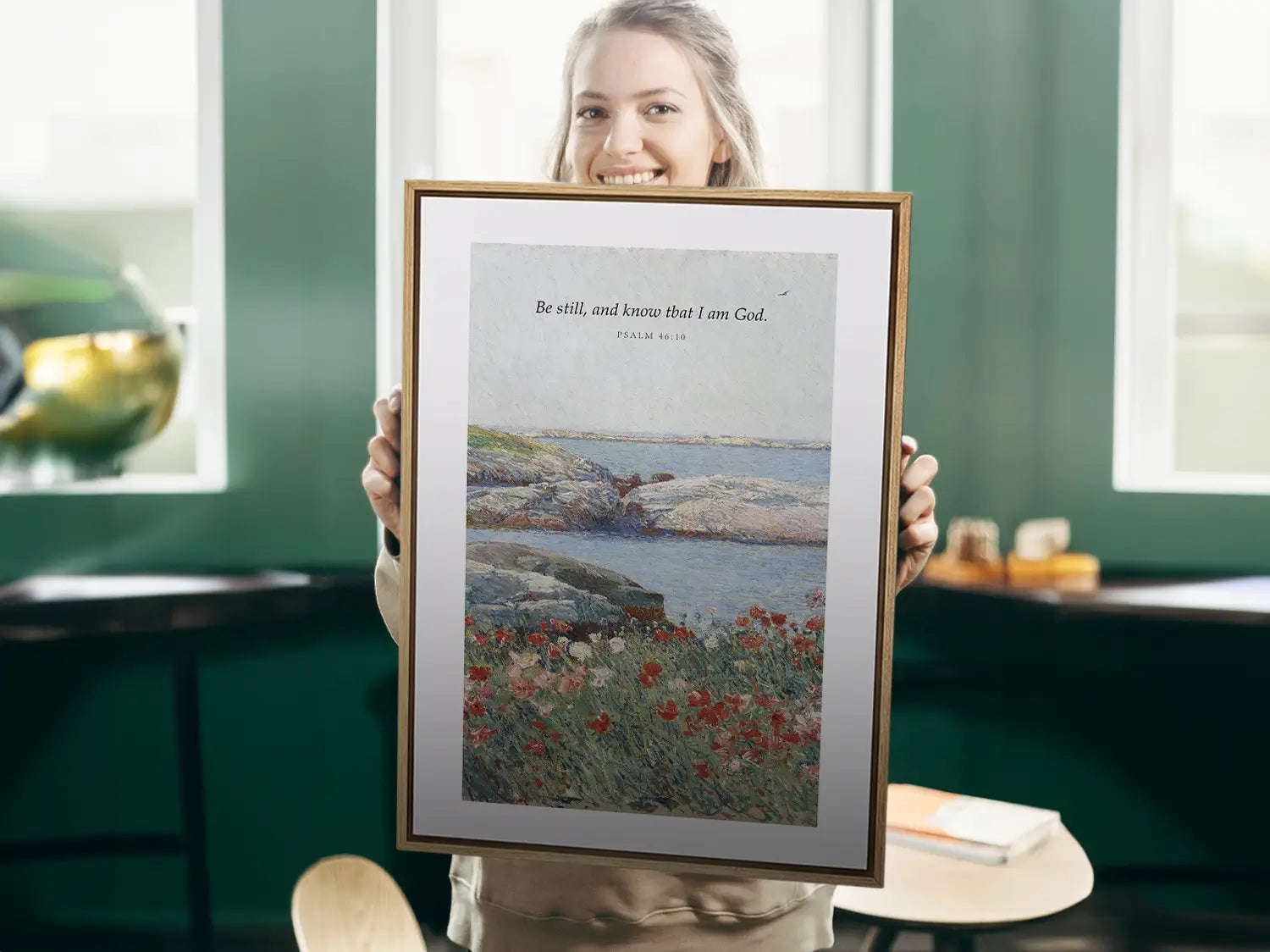 Invite calm and faith into your home with this inspiring Christian canvas wall art. This framed canvas print features a serene coastal landscape paired with the powerful, comforting command from Psalm 46:10 to Be Still and Know That I Am God.