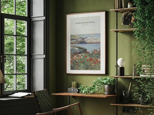 Invite calm and faith into your home with this inspiring Christian canvas wall art. This framed canvas print features a serene coastal landscape paired with the powerful, comforting command from Psalm 46:10 to Be Still and Know That I Am God.