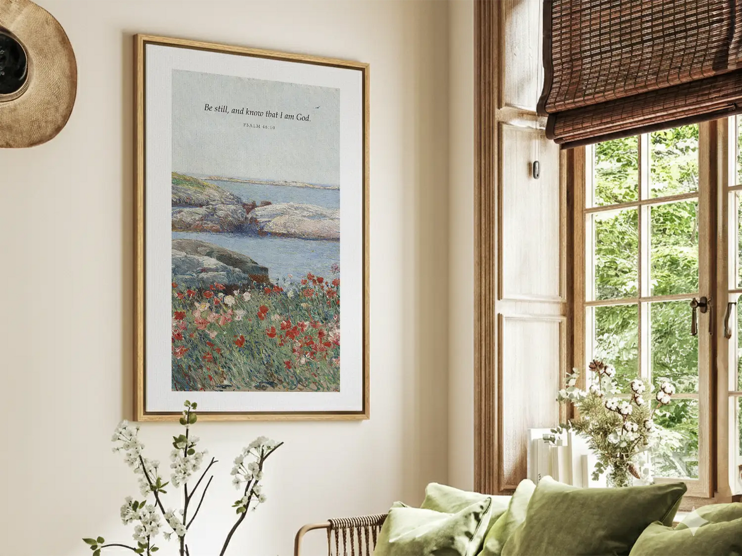 Invite calm and faith into your home with this inspiring Christian canvas wall art. This framed canvas print features a serene coastal landscape paired with the powerful, comforting command from Psalm 46:10 to Be Still and Know That I Am God.