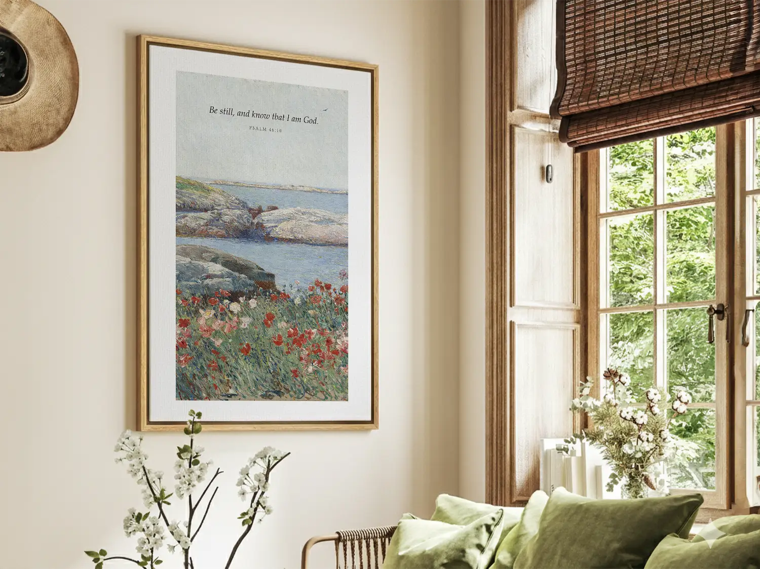 Invite calm and faith into your home with this inspiring Christian canvas wall art. This framed canvas print features a serene coastal landscape paired with the powerful, comforting command from Psalm 46:10 to Be Still and Know That I Am God.