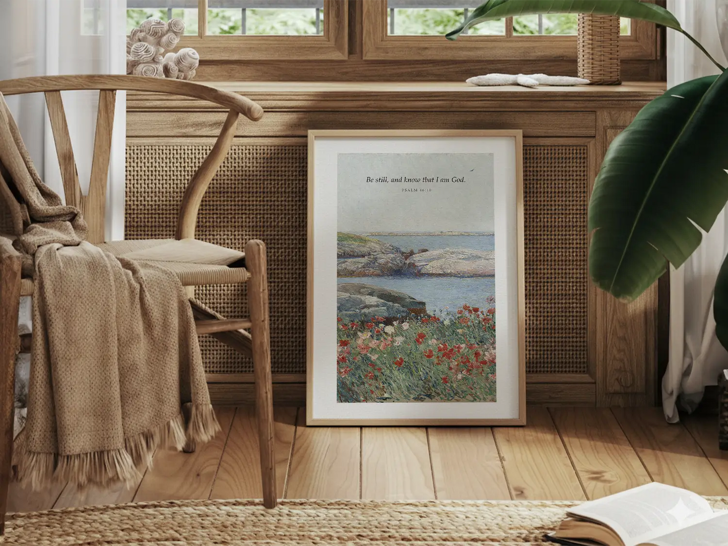 Invite calm and faith into your home with this inspiring Christian canvas wall art. This framed canvas print features a serene coastal landscape paired with the powerful, comforting command from Psalm 46:10 to Be Still and Know That I Am God.