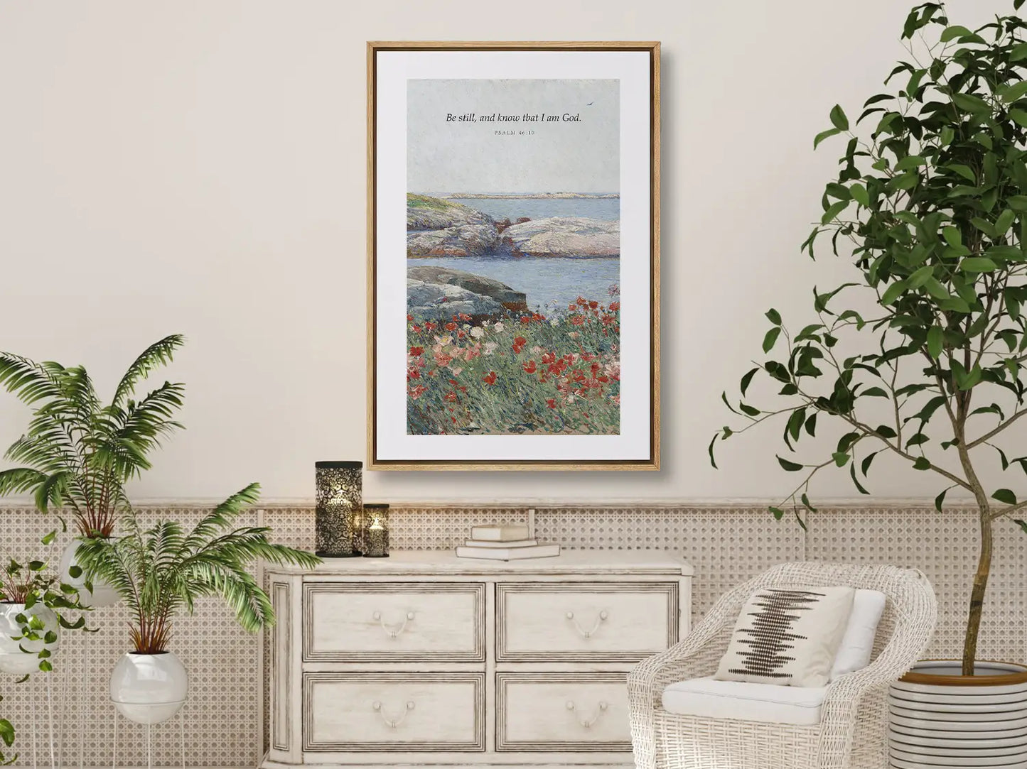 Invite calm and faith into your home with this inspiring Christian canvas wall art. This framed canvas print features a serene coastal landscape paired with the powerful, comforting command from Psalm 46:10 to Be Still and Know That I Am God.