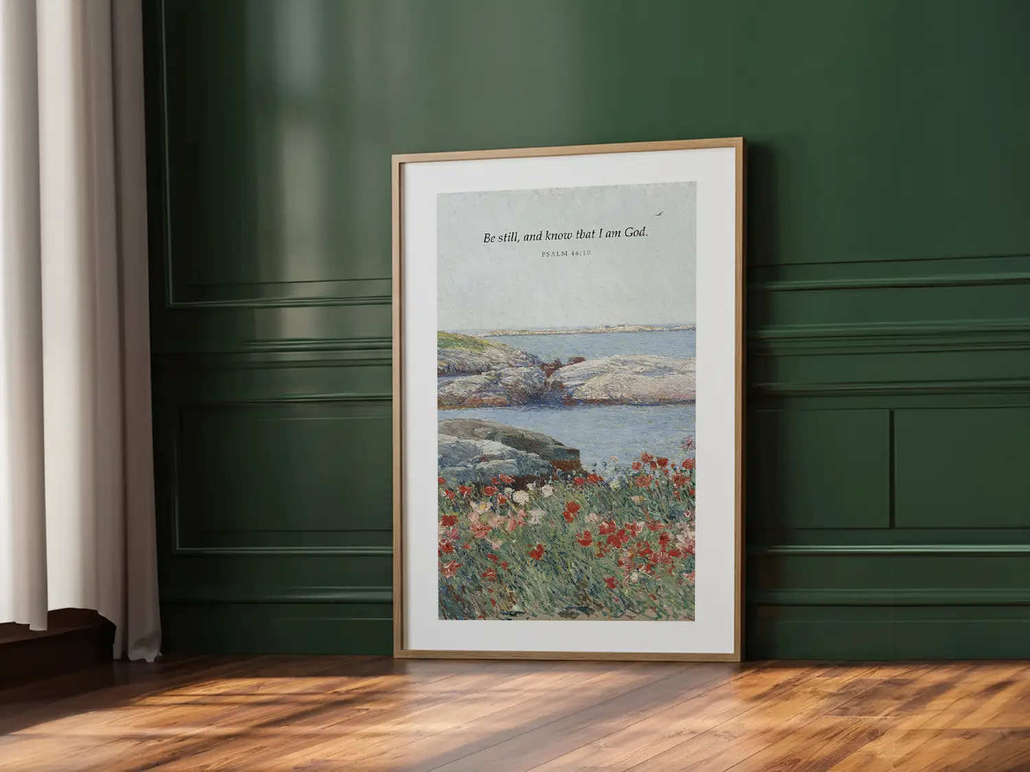 Invite calm and faith into your home with this inspiring Christian canvas wall art. This framed canvas print features a serene coastal landscape paired with the powerful, comforting command from Psalm 46:10 to Be Still and Know That I Am God.