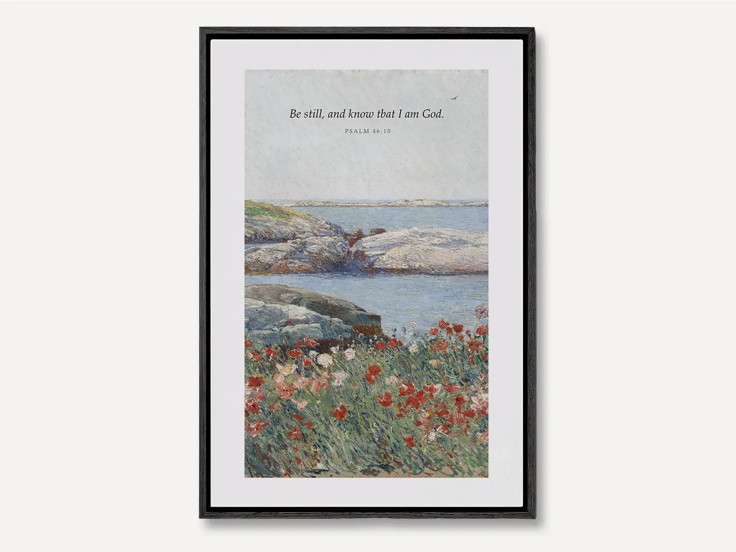 Invite calm and faith into your home with this inspiring Christian canvas wall art. This framed canvas print features a serene coastal landscape paired with the powerful, comforting command from Psalm 46:10 to Be Still and Know That I Am God.