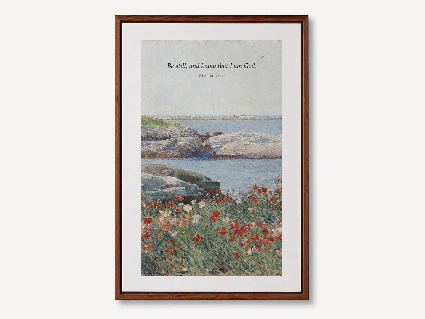 Invite calm and faith into your home with this inspiring Christian canvas wall art. This framed canvas print features a serene coastal landscape paired with the powerful, comforting command from Psalm 46:10 to Be Still and Know That I Am God.