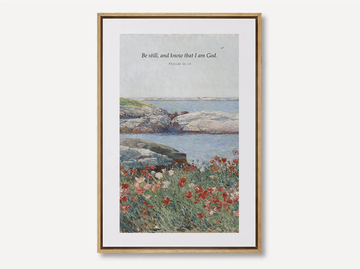 Invite calm and faith into your home with this inspiring Christian canvas wall art. This framed canvas print features a serene coastal landscape paired with the powerful, comforting command from Psalm 46:10 to Be Still and Know That I Am God.