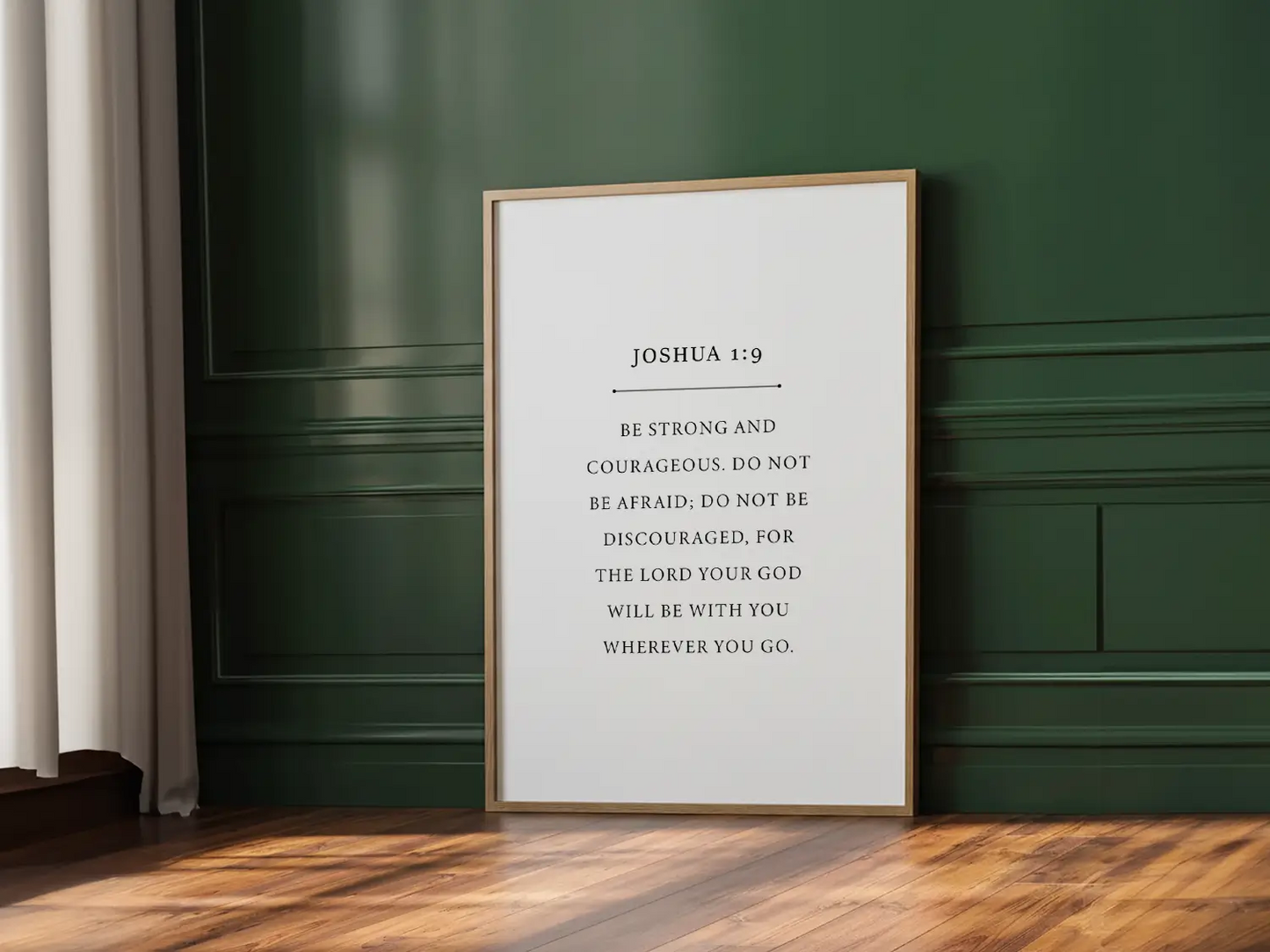 Anchor your life in confidence and faith with this inspiring Christian canvas wall art. This framed canvas print features a clean, minimalist design and the powerful command from Joshua 1:9 to Be strong and courageous.