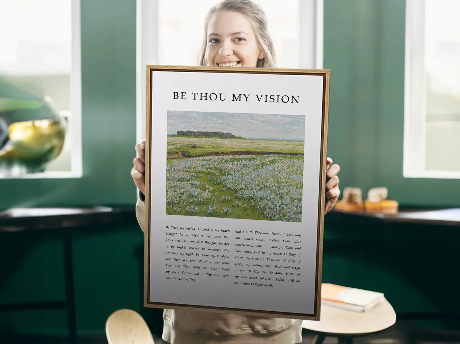 Anchor your life in Christ with this inspiring Christian canvas wall art. This framed canvas print features the profound lyrics of "Be Thou My Vision," paired with a serene field landscape, offering a daily prayer for guidance.