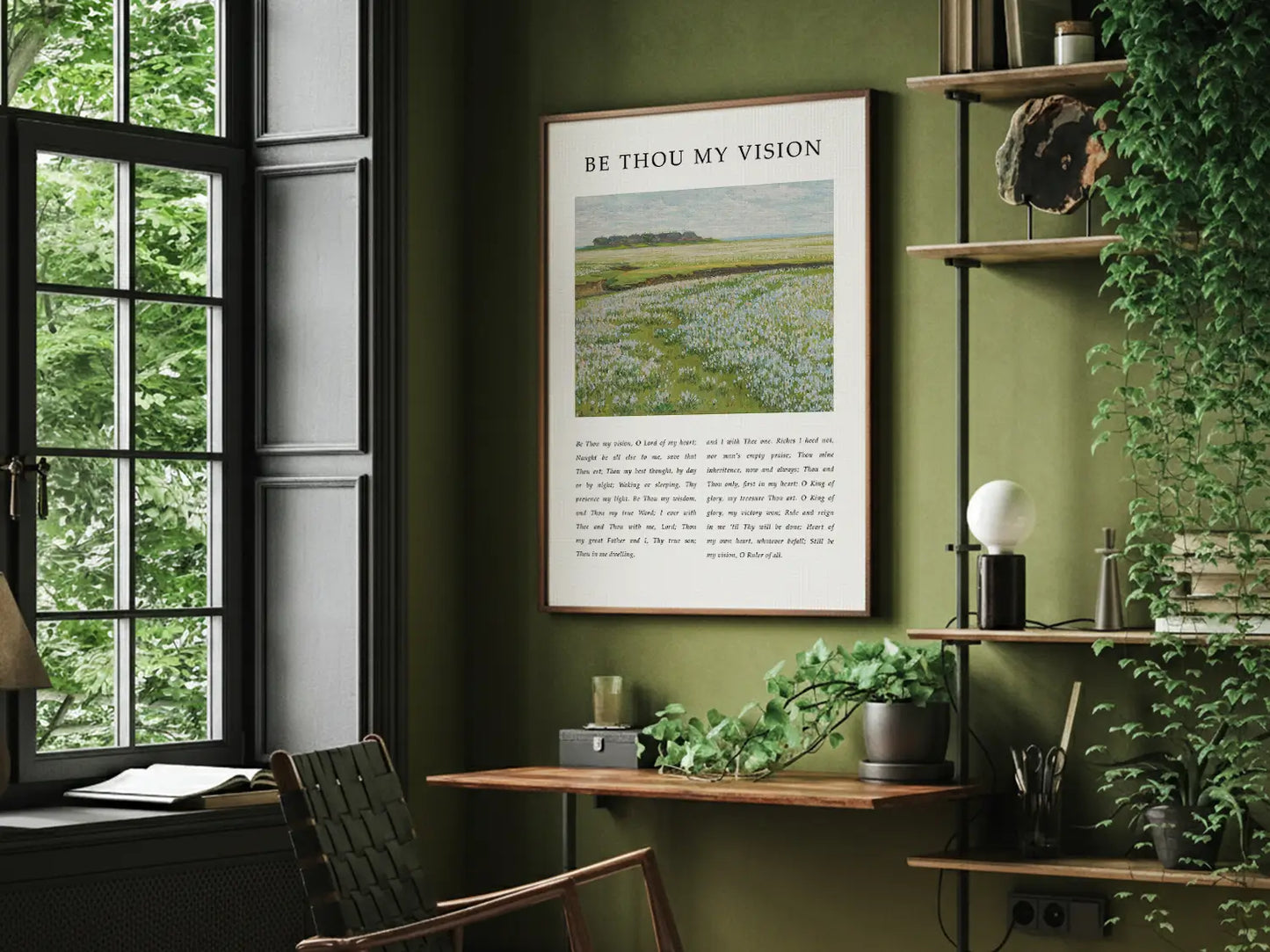 Anchor your life in Christ with this inspiring Christian canvas wall art. This framed canvas print features the profound lyrics of "Be Thou My Vision," paired with a serene field landscape, offering a daily prayer for guidance.