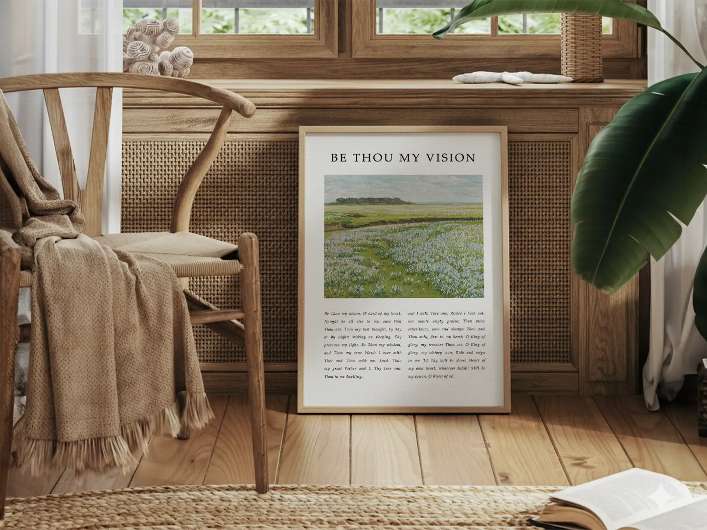 Anchor your life in Christ with this inspiring Christian canvas wall art. This framed canvas print features the profound lyrics of "Be Thou My Vision," paired with a serene field landscape, offering a daily prayer for guidance.