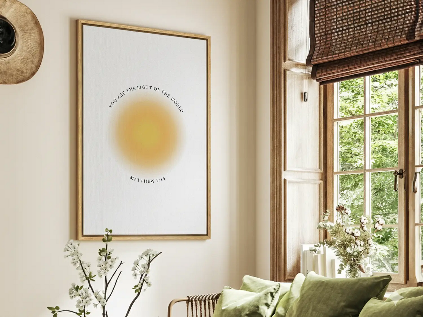 Shine brightly and inspire others with this powerful Christian canvas wall art. This framed canvas print features a modern, ethereal "aura" design and the profound command from Matthew 5:14: "You are the light of the world."
