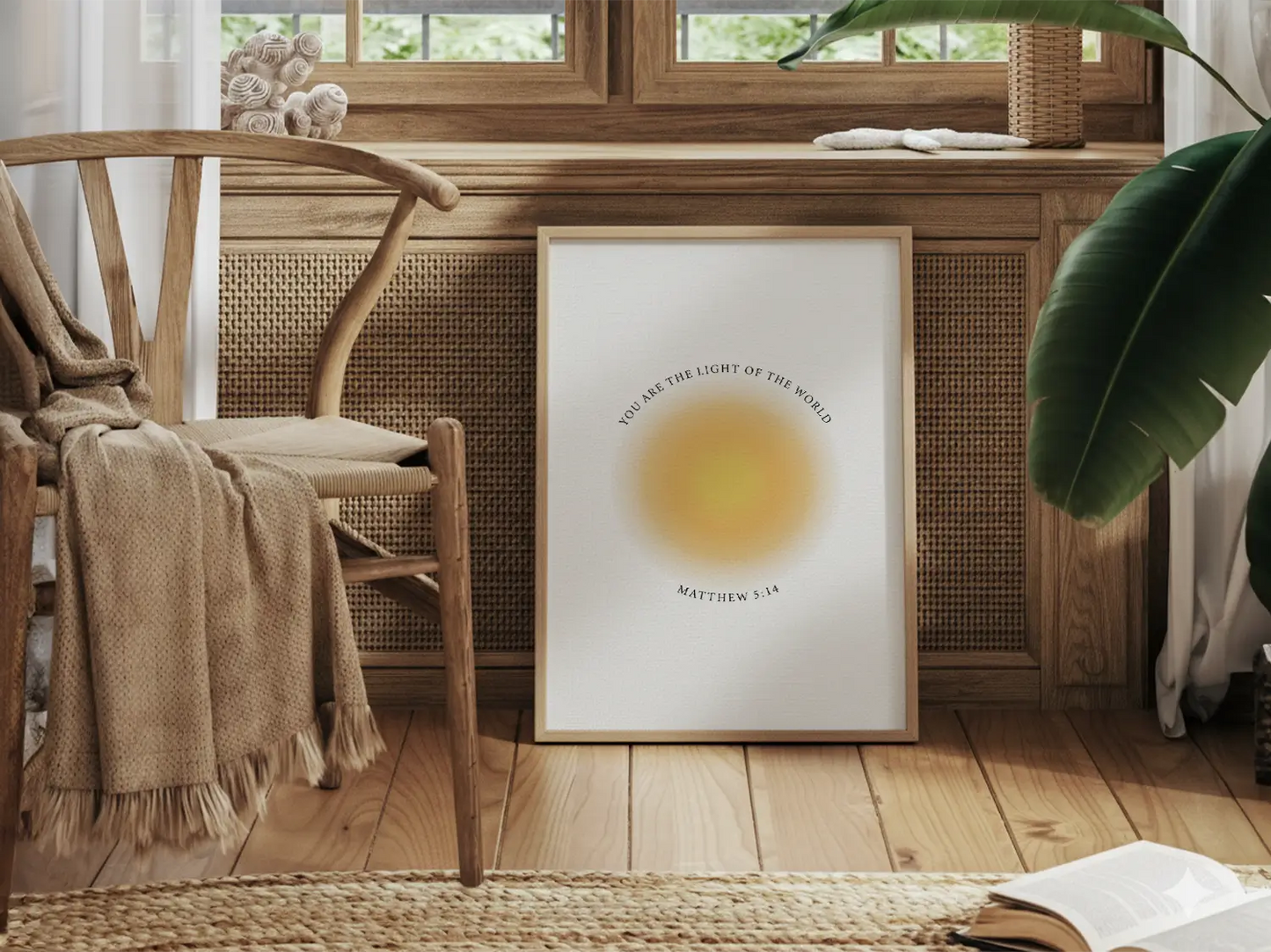 Shine brightly and inspire others with this powerful Christian canvas wall art. This framed canvas print features a modern, ethereal "aura" design and the profound command from Matthew 5:14: "You are the light of the world."