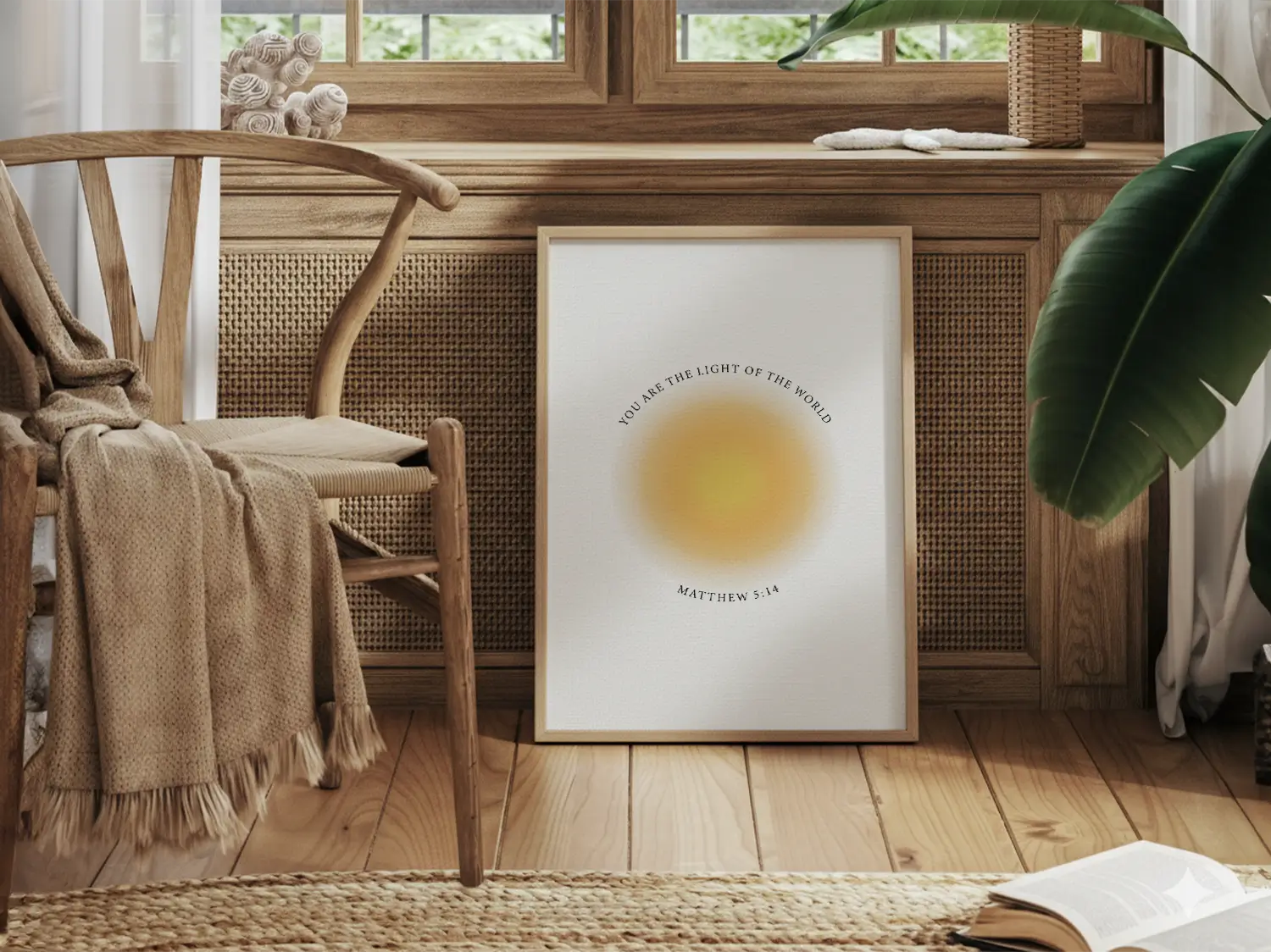Shine brightly and inspire others with this powerful Christian canvas wall art. This framed canvas print features a modern, ethereal "aura" design and the profound command from Matthew 5:14: "You are the light of the world."