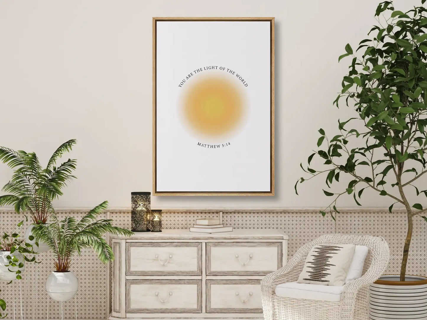 Shine brightly and inspire others with this powerful Christian canvas wall art. This framed canvas print features a modern, ethereal "aura" design and the profound command from Matthew 5:14: "You are the light of the world."