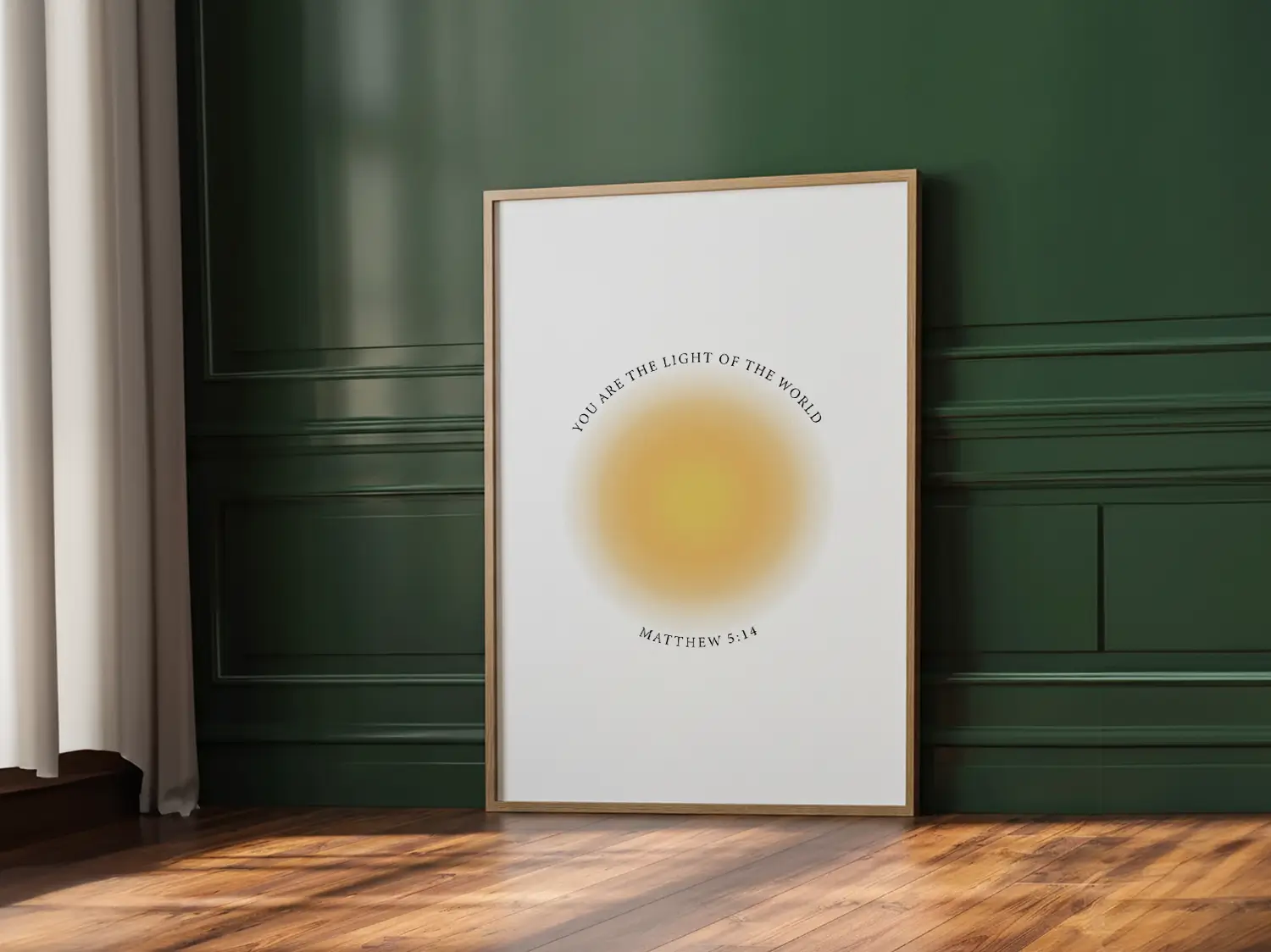 Shine brightly and inspire others with this powerful Christian canvas wall art. This framed canvas print features a modern, ethereal "aura" design and the profound command from Matthew 5:14: "You are the light of the world."