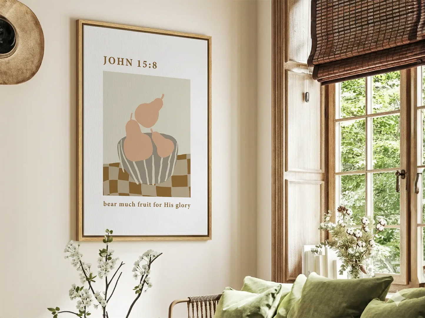 Anchor your home in Christ's call to fruitfulness with this inspiring Christian canvas wall art. This framed canvas print features a modern, abstract design with soft, warm tones, illustrating the mandate to bear much fruit for His glory.